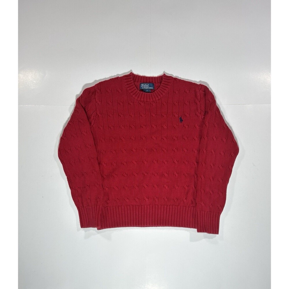 VTG Polo Ralph Lauren Cableknit Sweater Youth Red Cotton Preppy Crewneck Small